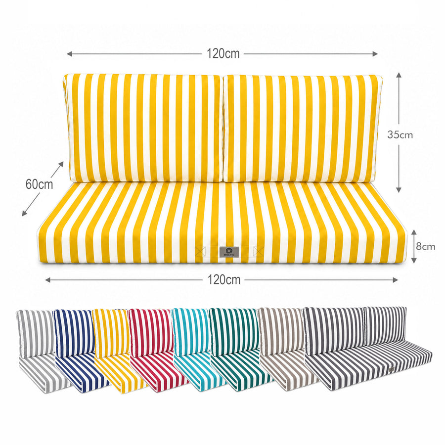 Ensemble Coussins Salon Jardin 120x60 Rayure Jaune - Premium 270g (1 Assise + 2 Dossiers)