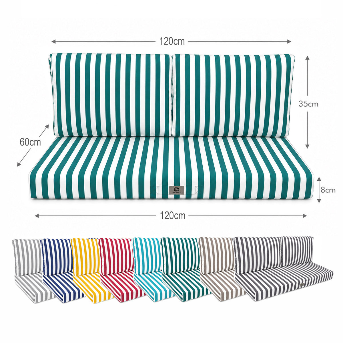Gartenlounge-Kissen-Set 120x60 Streifen Grün - Premium 270g (1 Sitzfläche + 2 Rückenlehnen) – Maßzeichnung