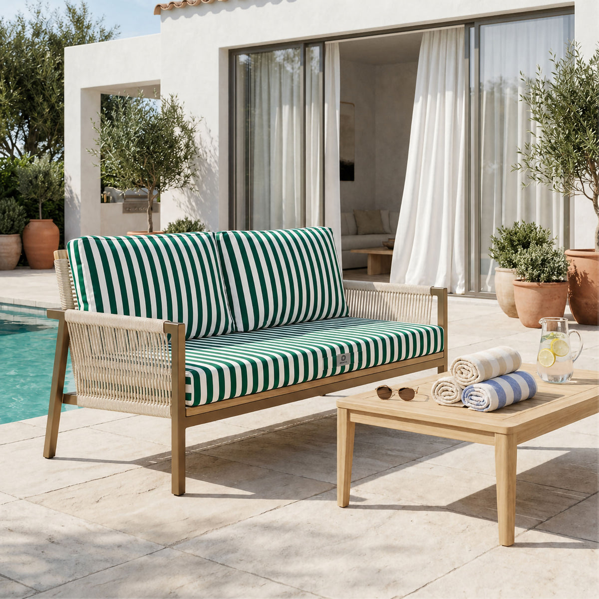Gartenlounge-Kissen-Set 120x60 Streifen Grün – Premium 270g (1 Sitzfläche + 2 Rückenlehnen)