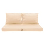 Ensemble de coussins pour salon de jardin beige, déhoussables et anti-UV, comprenant une assise et deux dossiers.