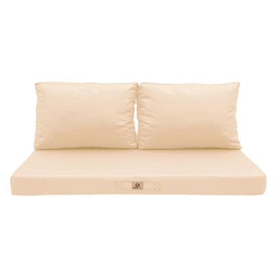 Ensemble de coussins pour salon de jardin beige, déhoussables et anti-UV, comprenant une assise et deux dossiers.