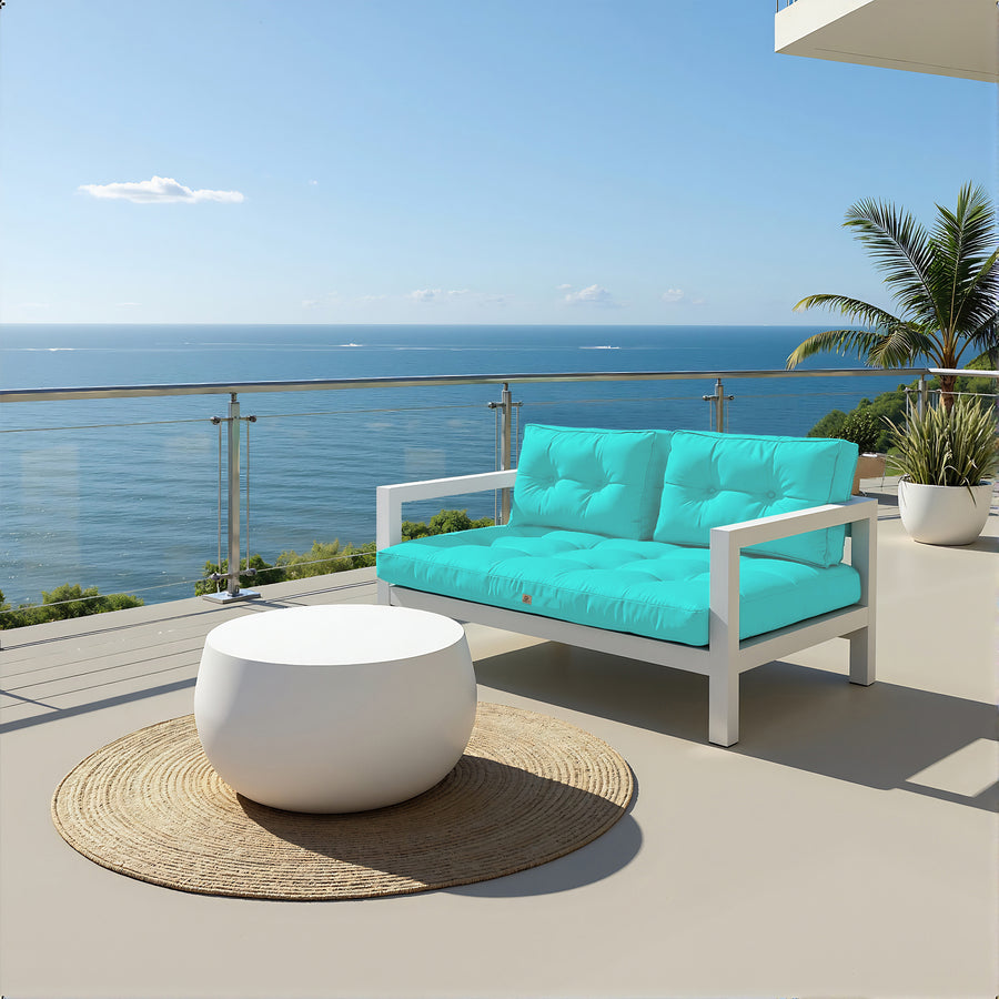 Ensemble de coussins capitonnés bleu Caraïbes pour banquette 120x60 cm, épaissis 15 cm, pour fauteuils et canapés.