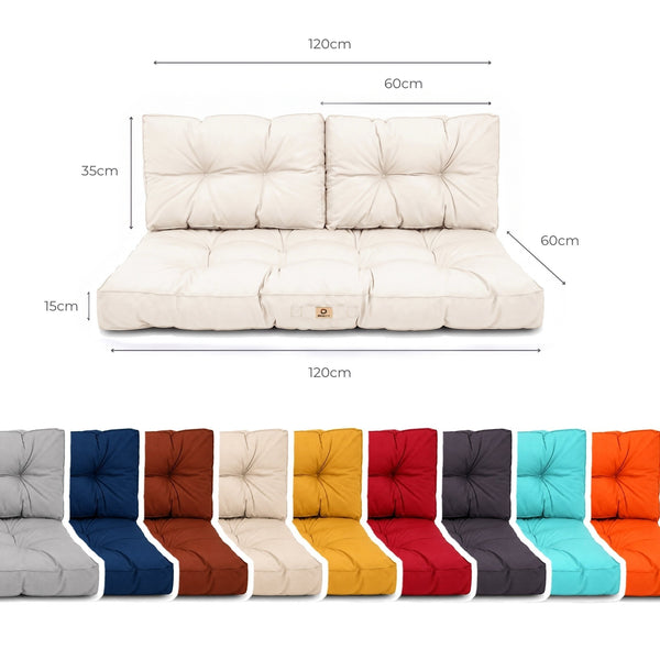 Afmetingen: zitting 120 x 60 cm, 2 rugkussens 60 x 35 cm, 15 cm dik, met de beschikbare kleuren
