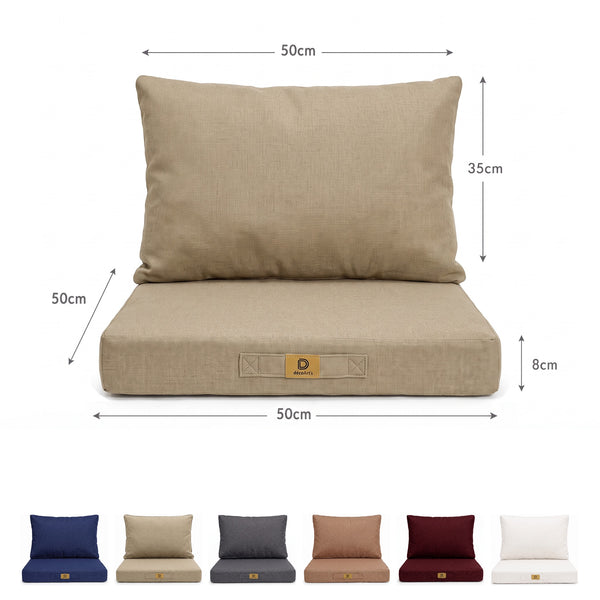Afmetingen van de fauteuilkussenset met linnenlook in Beige: zitting 50×50 cm, rugleuning 50×35 cm, 8 cm dik, en de 6 kleuren