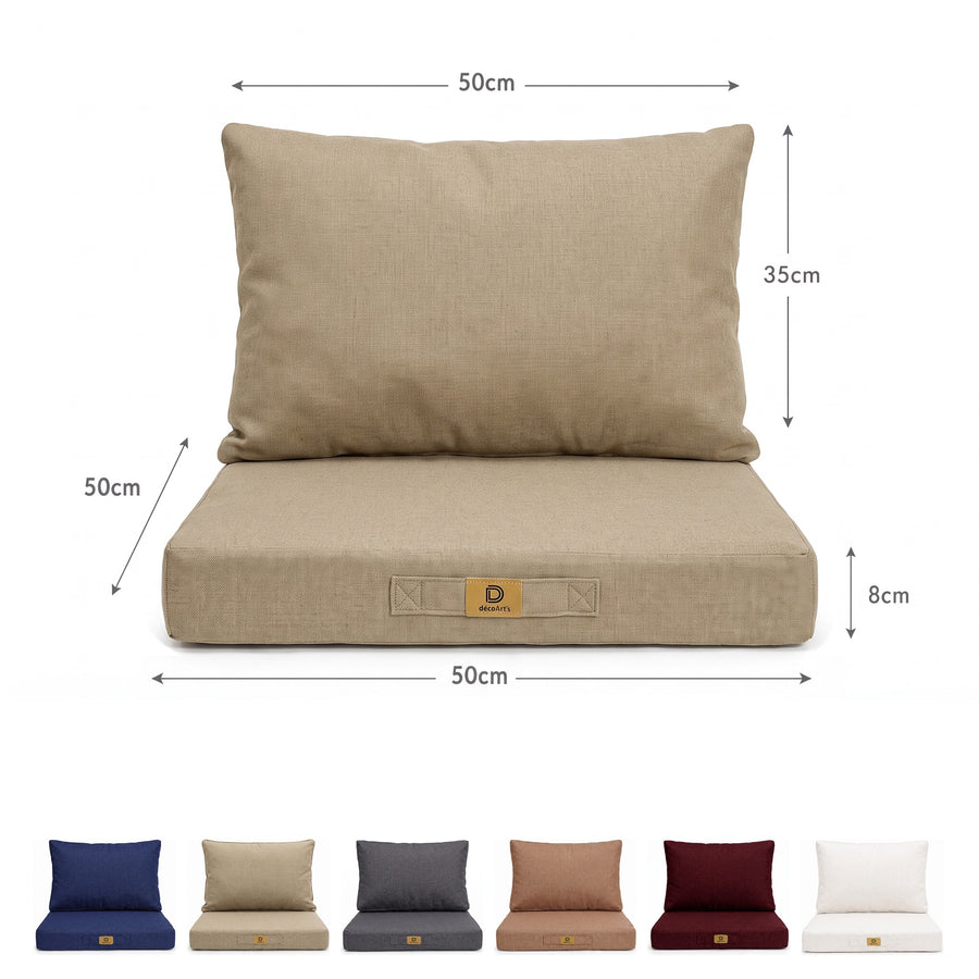 Afmetingen van de fauteuilkussenset met linnenlook in Beige: zitting 50×50 cm, rugleuning 50×35 cm, 8 cm dik, en de 6 kleuren