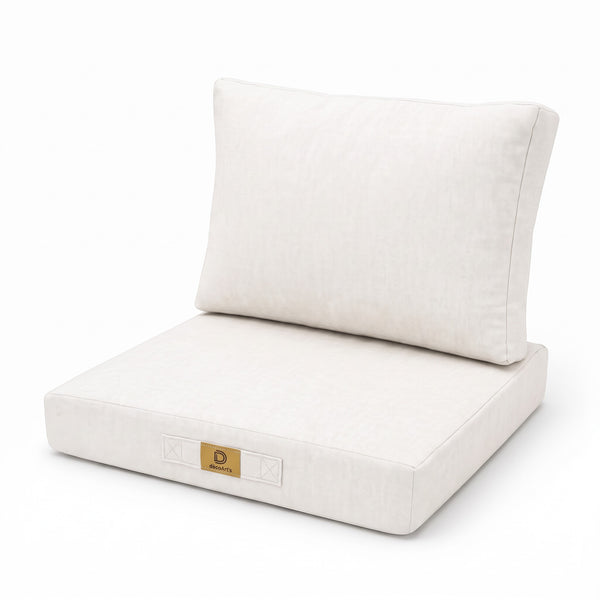 Fauteuilkussenset met linnenlook in Gebroken Wit, 50×50 cm (zitting + rugleuning), op een witte achtergrond, driekwartaanzicht