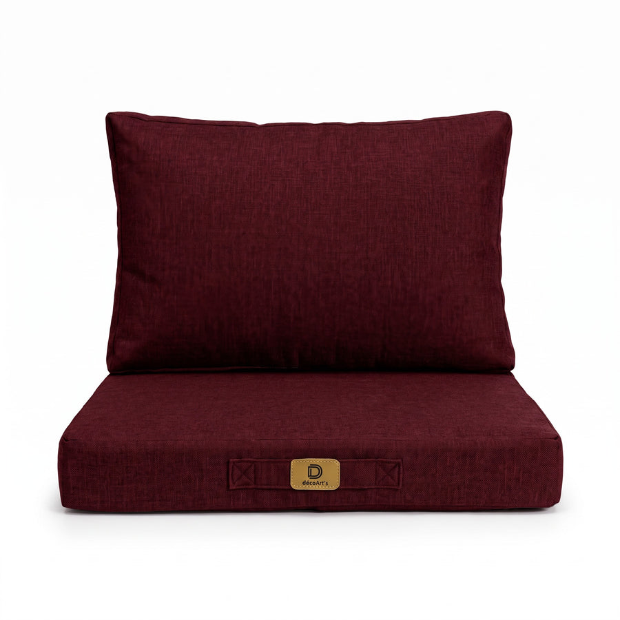 Fauteuilkussenset met linnenlook in Pruim, 50×50 cm, op een witte achtergrond, vooraanzicht