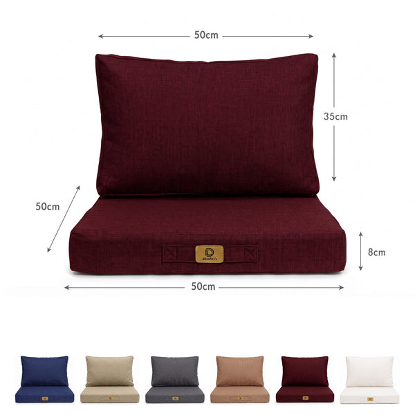 Afmetingen van de fauteuilkussenset met linnenlook in Pruim: zitting 50×50 cm, rugleuning 50×35 cm, 8 cm dik, en de 6 kleuren