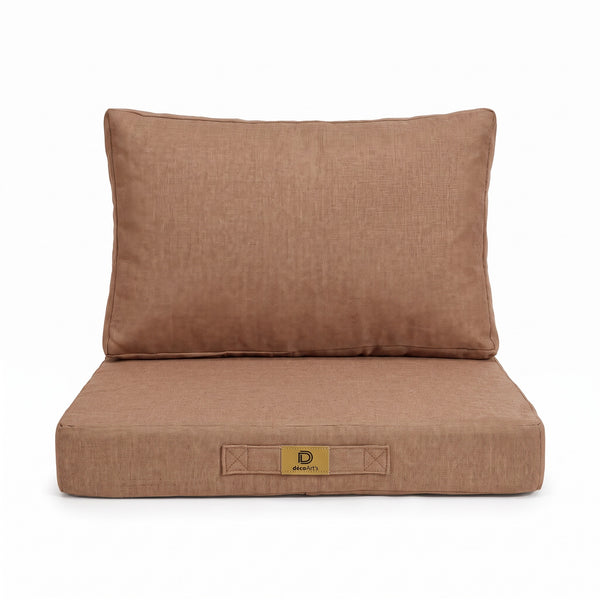 Fauteuilkussenset met linnenlook in Terracotta, 50×50 cm, op een witte achtergrond, vooraanzicht