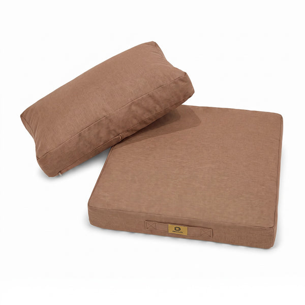 Zitkussen en rugkussen met linnenlook in Terracotta, plat neergelegd