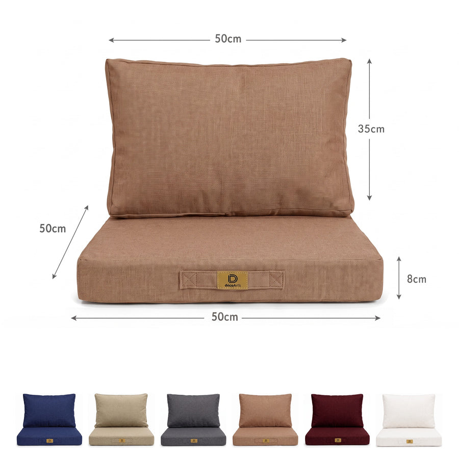 Afmetingen van de fauteuilkussenset met linnenlook in Terracotta: zitting 50×50 cm, rugleuning 50×35 cm, 8 cm dik, en de 6 kleuren