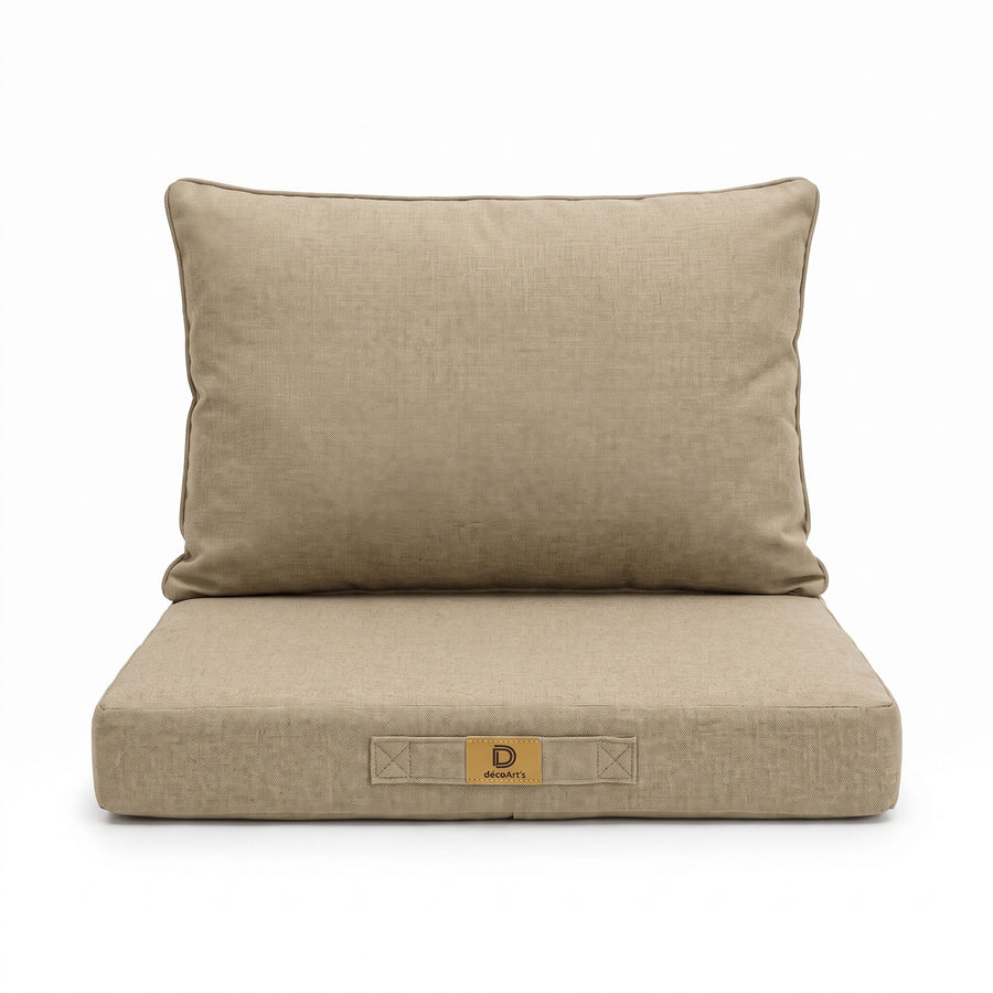 Fauteuilkussenset met linnenlook in Beige, 60×60 cm, op een witte achtergrond, vooraanzicht