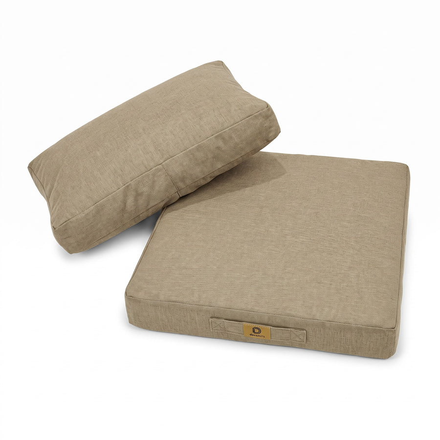 Zitkussen en rugkussen met linnenlook in Beige, plat neergelegd