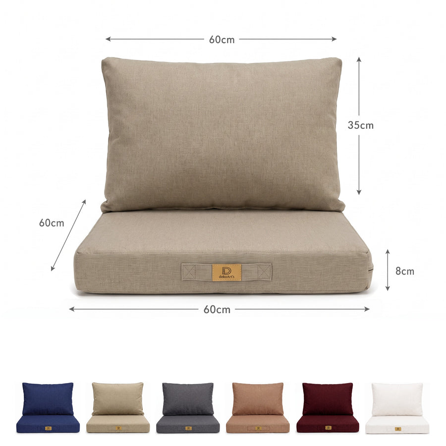 Afmetingen van de fauteuilkussenset met linnenlook in Beige: zitting 60×60 cm, rugleuning 60×35 cm, 8 cm dik, en de 6 kleuren