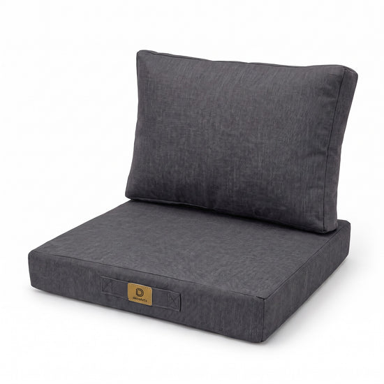 Fauteuilkussenset met linnenlook in Gemêleerd Grijs, 60×60 cm (zitting + rugleuning), op een witte achtergrond, driekwartaanzicht