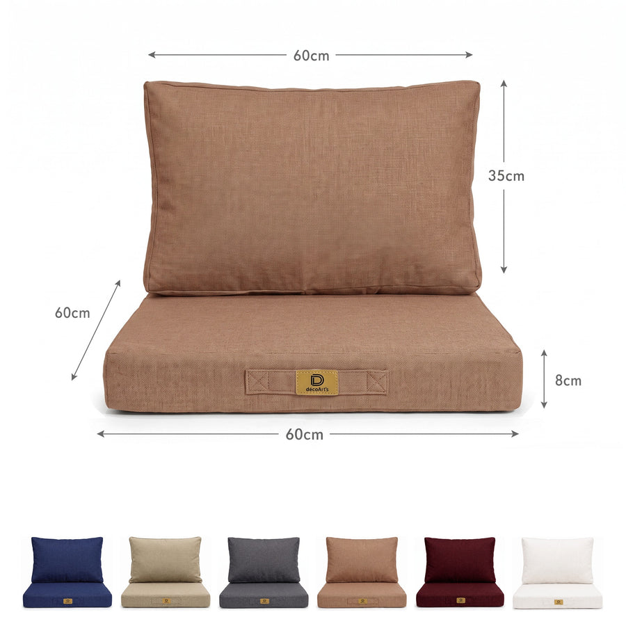 Afmetingen van de fauteuilkussenset met linnenlook in Terracotta: zitting 60×60 cm, rugleuning 60×35 cm, 8 cm dik, en de 6 kleuren
