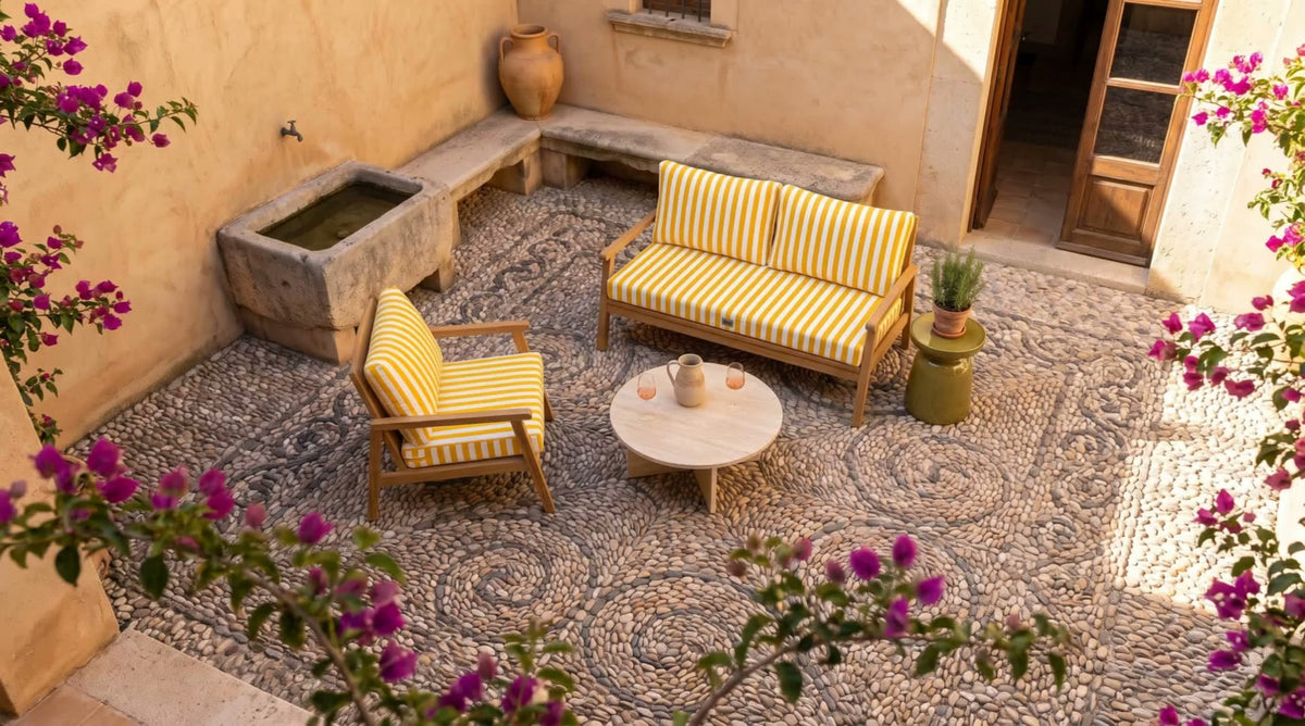 Salon de jardin en teck avec coussins Premium à passepoil gris foncé Deco Arts sur une terrasse méditerranéenne face à la mer