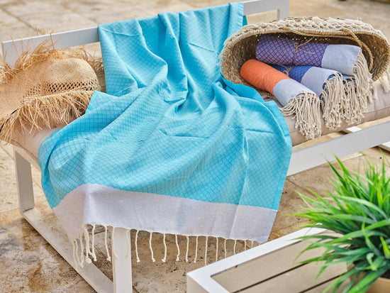 Fouta en coton petit losange 100x200cm turquoise - Deco-arts.fr