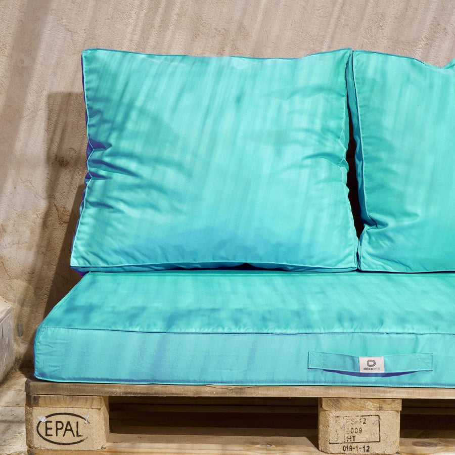 Lot matelas pour palette déhoussable avec assise de 120x80x10cm et dossier Bleu Caraibes - Deco-arts.fr