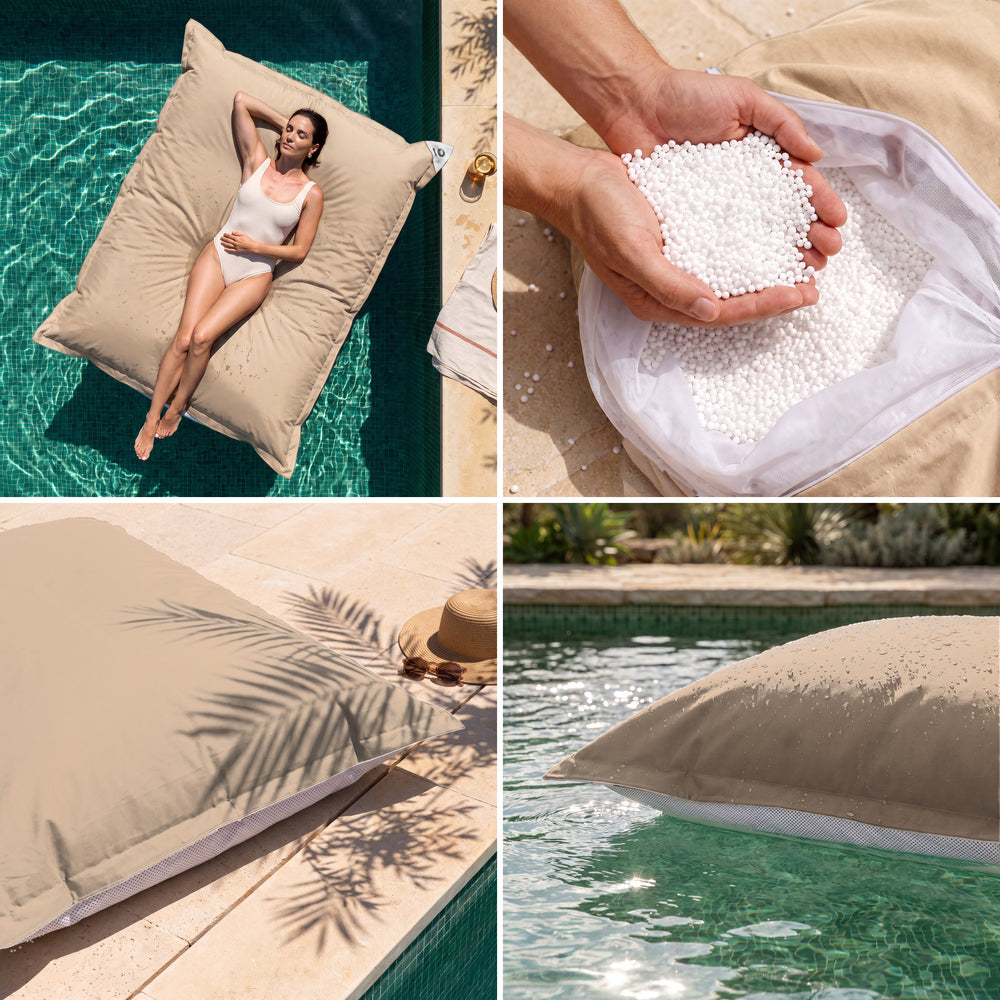 Riesen-Schwimmsitzsack in Beige: Komfort, Styroporperlen, UV-beständiger Stoff und Auftrieb