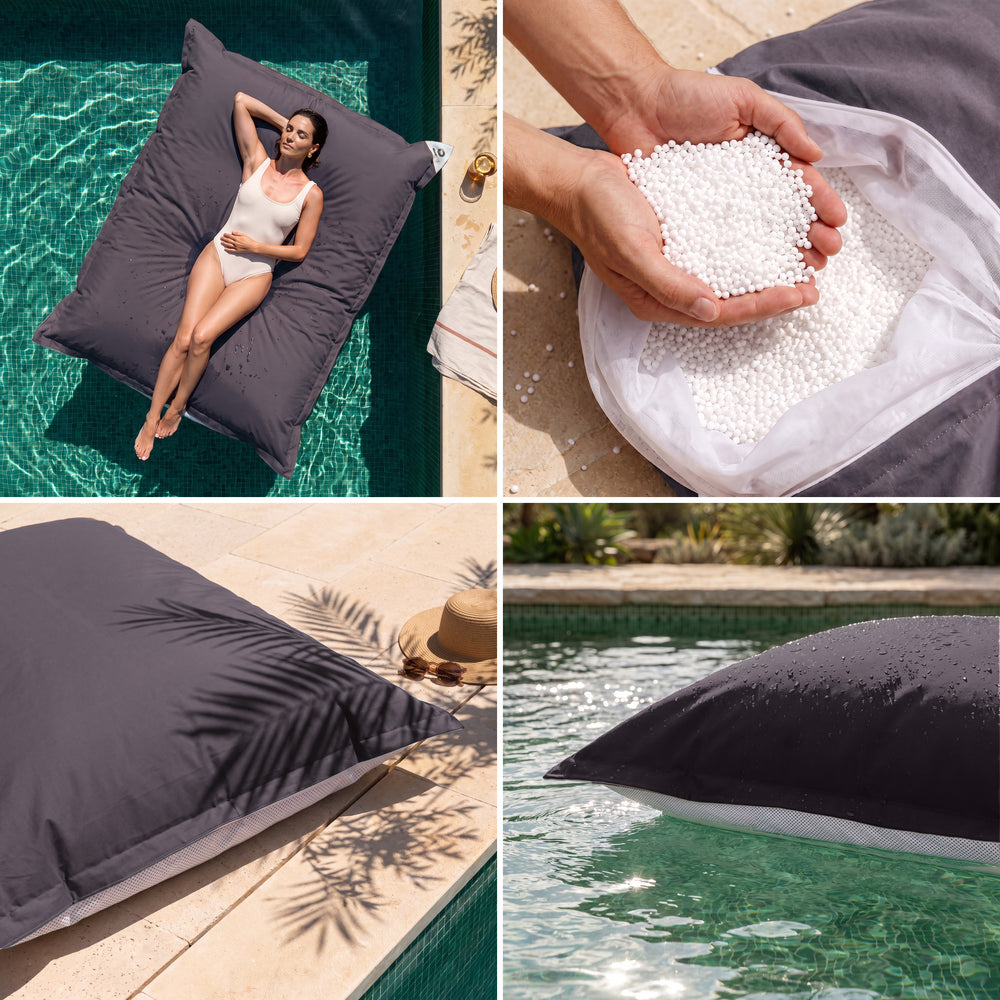 Pouf géant flottant Gris Carbone : confort, billes de polystyrène, tissu anti-UV et flottaison