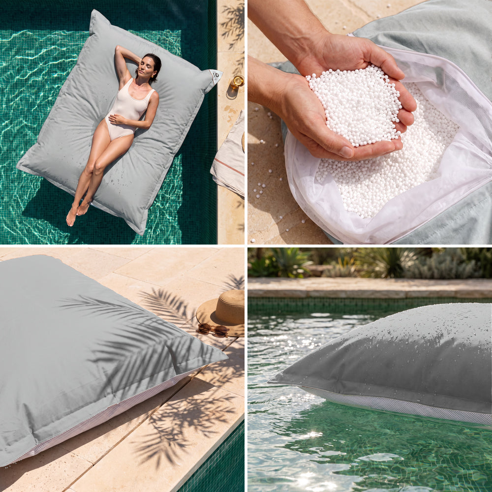 Pouf géant flottant Gris Galet : confort, billes de polystyrène, tissu anti-UV et flottaison