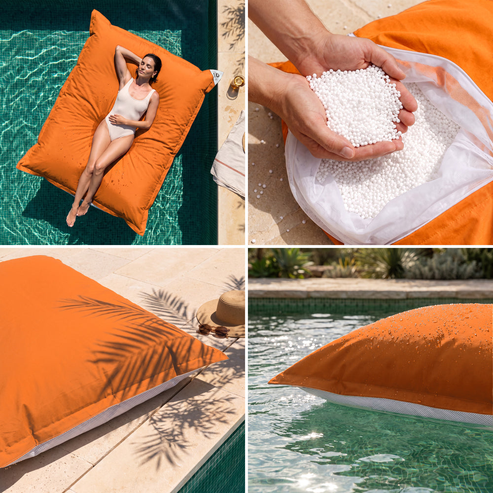 Riesen-Schwimmsitzsack in Orange: Komfort, Styroporperlen, UV-beständiger Stoff und Auftrieb