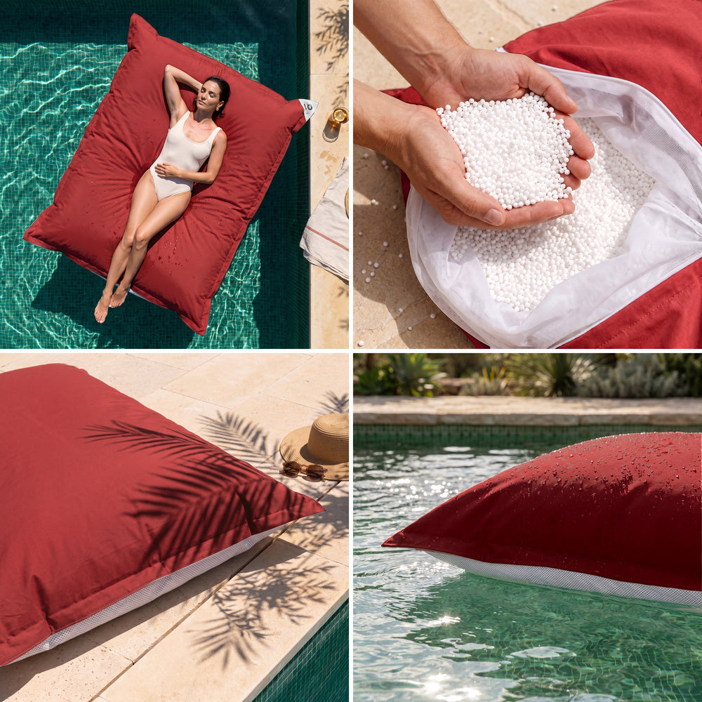 Pouf géant flottant Rouge Piment : confort, billes de polystyrène, tissu anti-UV et flottaison