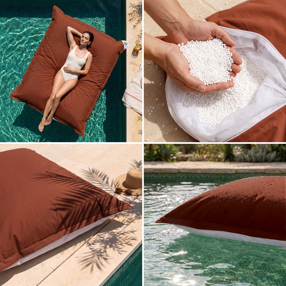 Riesen-Schwimmsitzsack in Terrakotta: Komfort, Styroporperlen, UV-beständiger Stoff und Auftrieb