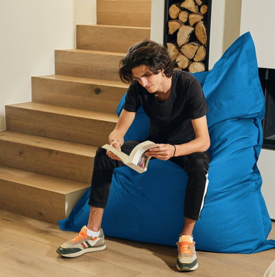 Pouf géant XXL 180x140 cm en tissu bleu pétrole, déhoussable et imperméable, pour salon ou extérieur, de Deco-arts.fr