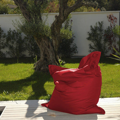 Pouf géant XXL rouge piment, extérieur et intérieur, déhoussable, waterproof, avec mousse, pour salon ou jardin.