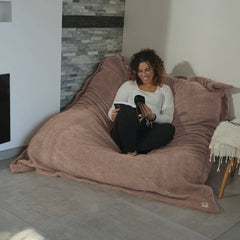 Pouf Intérieur XXL Housse Sherpa (Effet Mouton) Garnissage en flocon de mousse 190x155cm - Beige