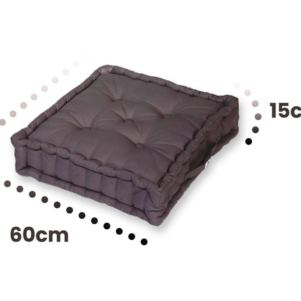 Lot de 2 coussins de sol géants 60x60 cm en gris carbone épais 15 cm avec poignées, décoratifs, par Deco Arts.