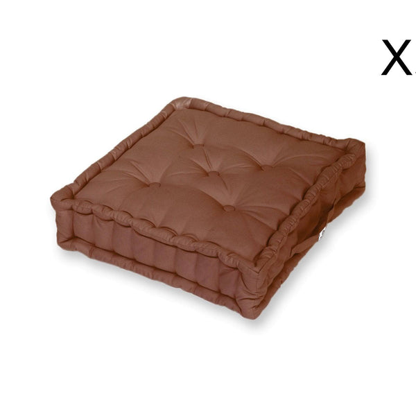 Set of 2 large rust-colored decorative floor cushions, 60x60cm with thick 15cm padding and handles for easy movement.