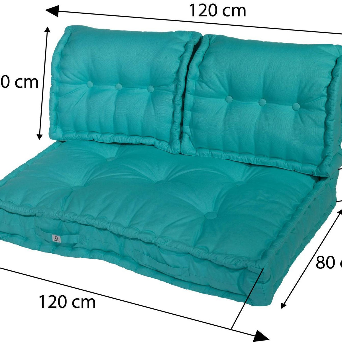 Europalletkussenset 120x80 Caribisch Blauw - XXL dik zitkussen 20cm (1 Zitting + 2 Rugleuningen) – maattekening