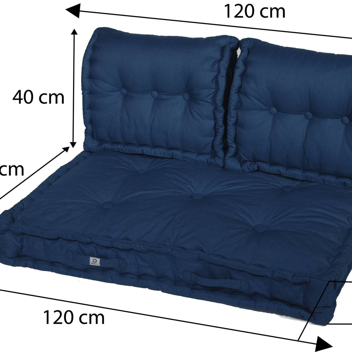 Europalletkussenset 120x80 Petroleumblauw - XXL dik zitkussen 20cm (1 Zitting + 2 Rugleuningen) – maattekening