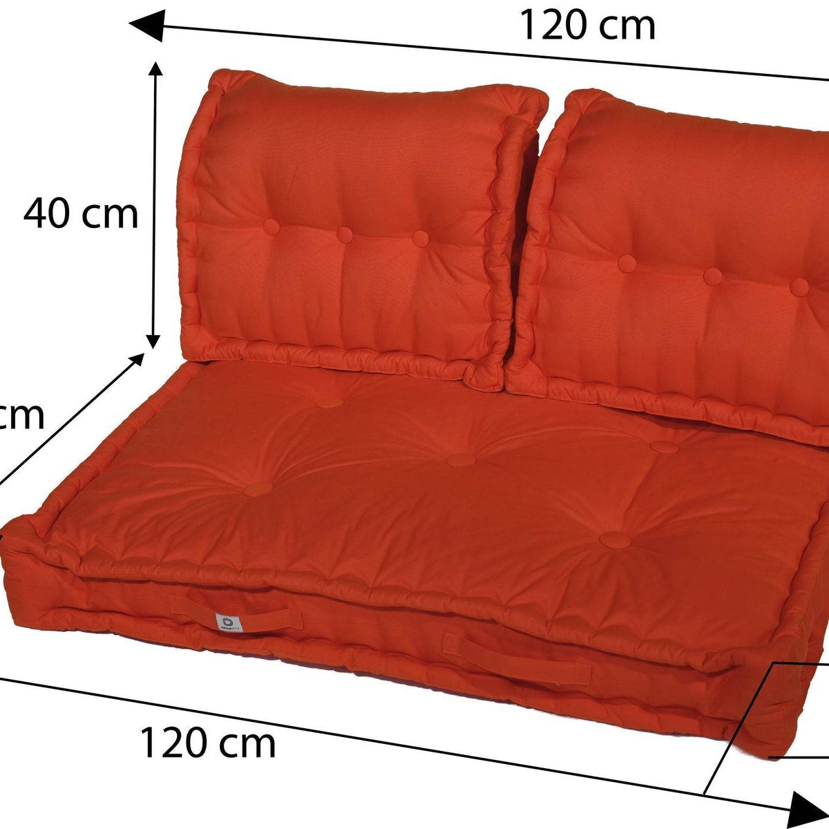 Europalletkussenset 120x80 Oranje - XXL dik zitkussen 20cm (1 Zitting + 2 Rugleuningen) – maattekening