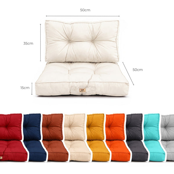 Dimensions : assise 50 x 50 cm, dossier 50 x 35 cm, épaisseur 15 cm, avec les coloris disponibles