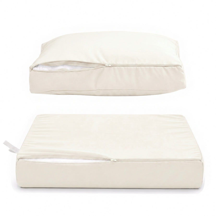 Almofadas para sala de jardim Branco-Sujo, capas amovíveis abertas sobre a espuma