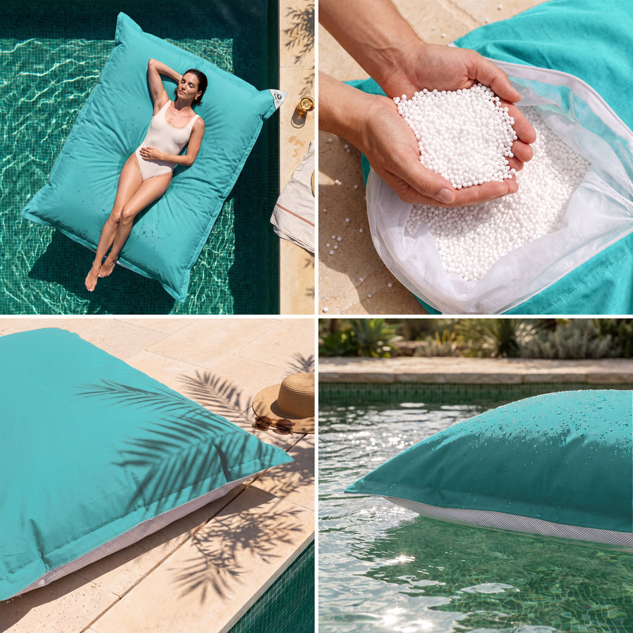 Alleen hoes, zelf te vullen – Reuzen drijvende zitzak in Caribisch Blauw: comfort, polystyreenkorrels, UV-bestendige stof en drijfvermogen