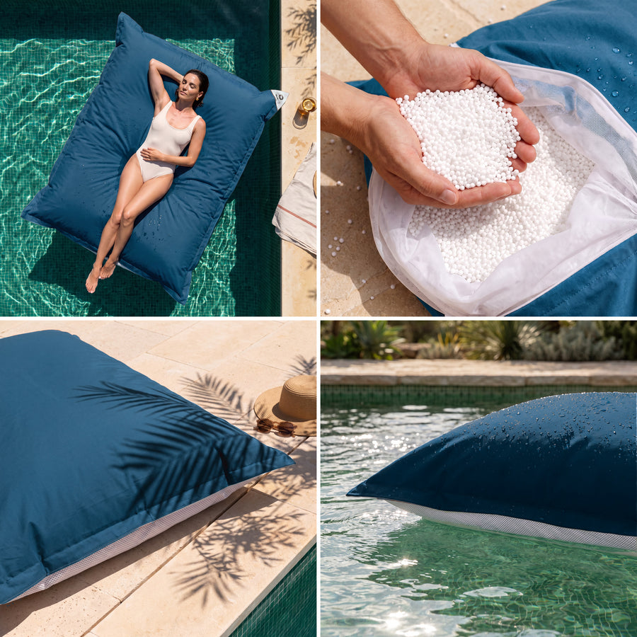 Housse seule à garnir – Pouf géant flottant Bleu Pétrole : confort, billes de polystyrène, tissu anti-UV et flottaison