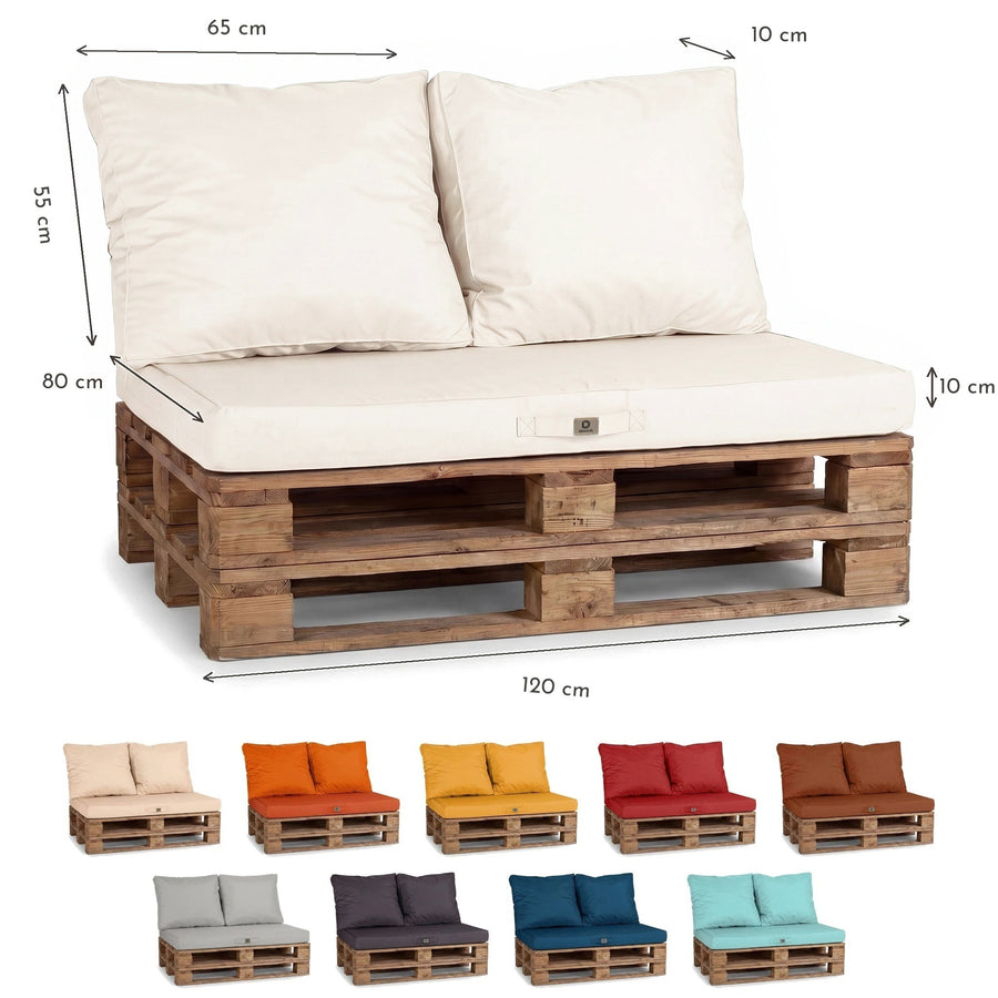 Dimensões do conjunto de almofadas para palete: assento 120 x 80 cm, 2 encostos 65 x 55 cm, espessura de 10 cm, com as cores disponíveis